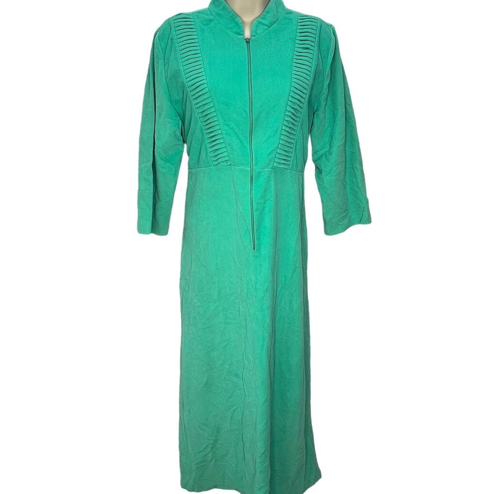 Vintage Allendale 1/2 Zip Fleece Nightgown Robe Size M Tie Back Belt Teal Green